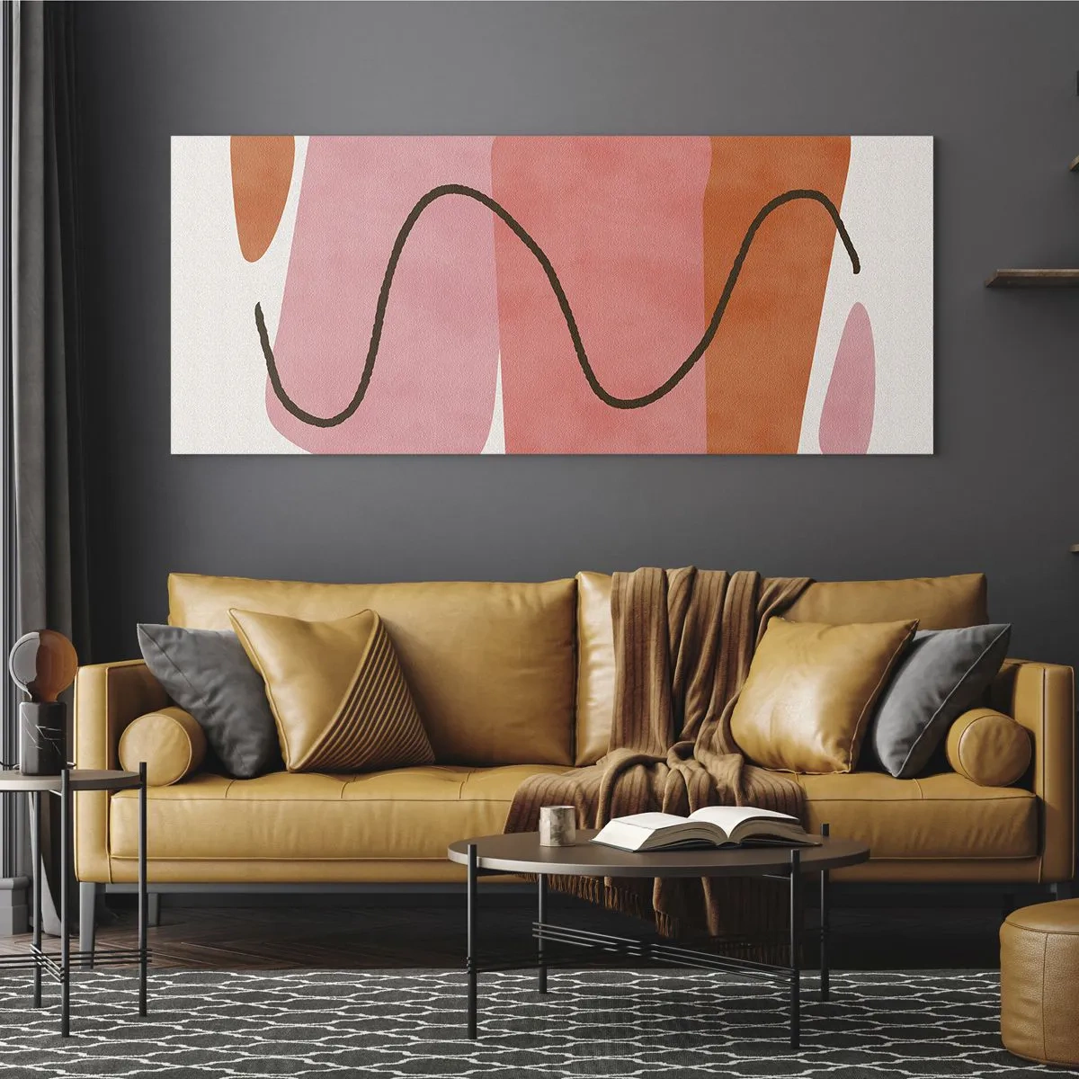 Cuadro sobre vidrio - Impresiones sobre Vidrio - Formas abstractas en tonos rosa y naranja. - 160x50cm - Suave movimiento de formas - Decoración de pared moderna para salón y dormitorio ARTTOR
