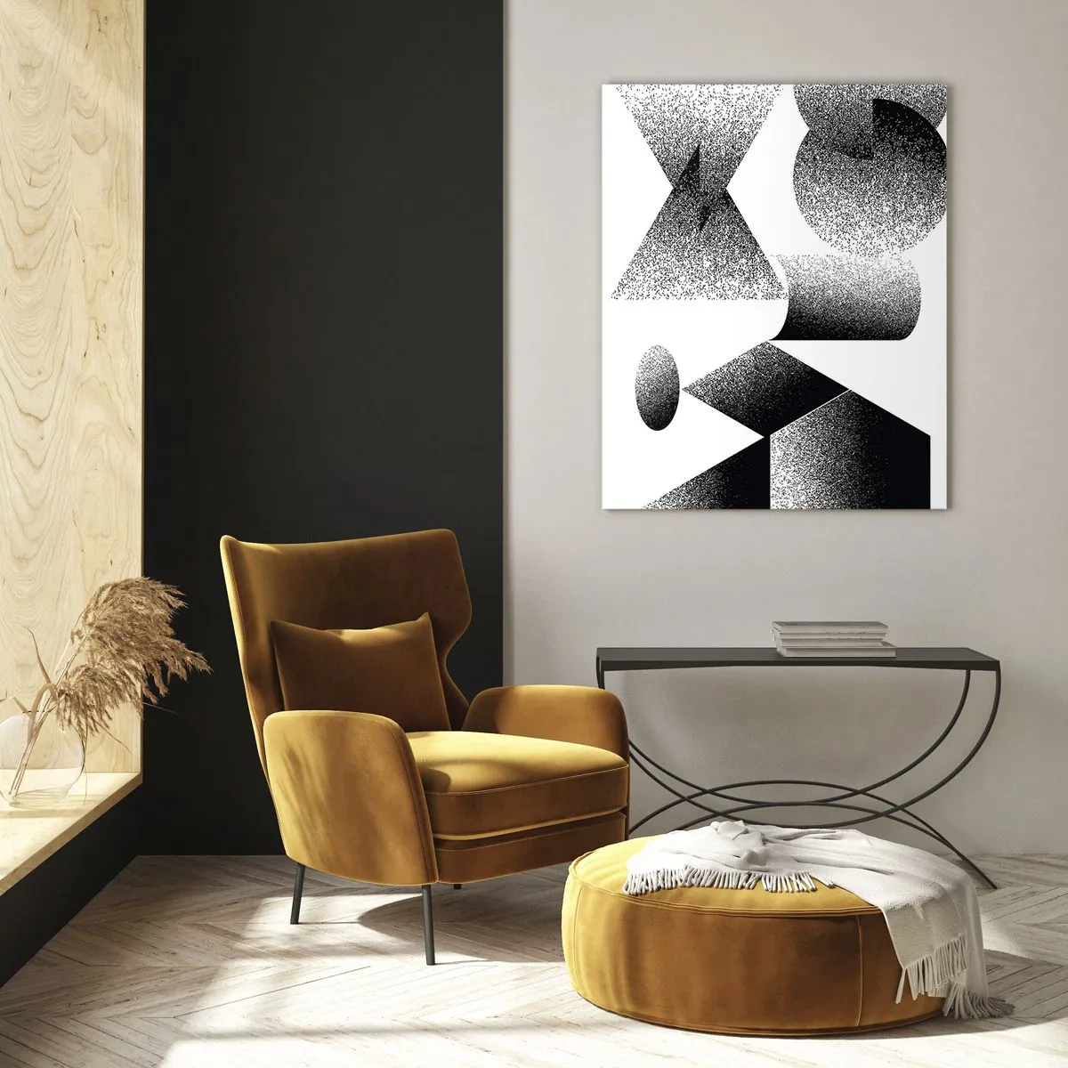 Cuadro sobre vidrio - Impresiones sobre Vidrio - Abstracción en blanco y negro con formas geométricas. - 50x70cm - Ángulos y óvalos - Decoración de pared moderna para salón y dormitorio ARTTOR
