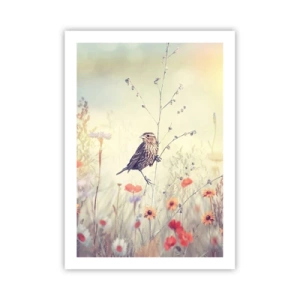 Póster - Un pájaro en un prado en delicados colores pastel. - 50x70cm - Retrato de pájaro con prado de fondo - Decoración de pared moderna para salón y dormitorio ARTTOR