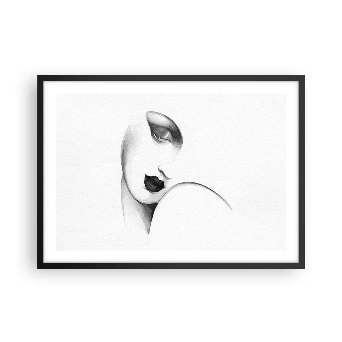 Póster en marco negro - Un retrato sutil de una mujer en estilo monocromático. - 70x50cm - Pensativa - Decoración de pared moderna para salón y dormitorio ARTTOR