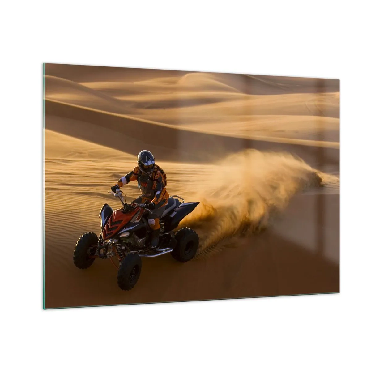 Cuadro sobre vidrio - Impresiones sobre Vidrio - ATV en acción en el desierto al atardecer - 100x70cm - Sobre las olas de la arena - Decoración de pared moderna para salón y dormitorio ARTTOR