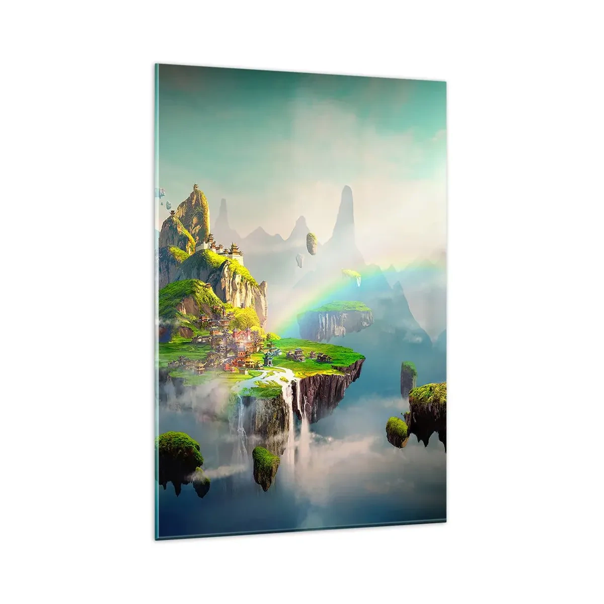 Cuadro sobre vidrio - Impresiones sobre Vidrio - Islas voladoras entre las nubes con un arcoíris en el horizonte. - 80x120cm - El medio de la nada - islas flotantes - Decoración de pared moderna para salón y dormitorio ARTTOR