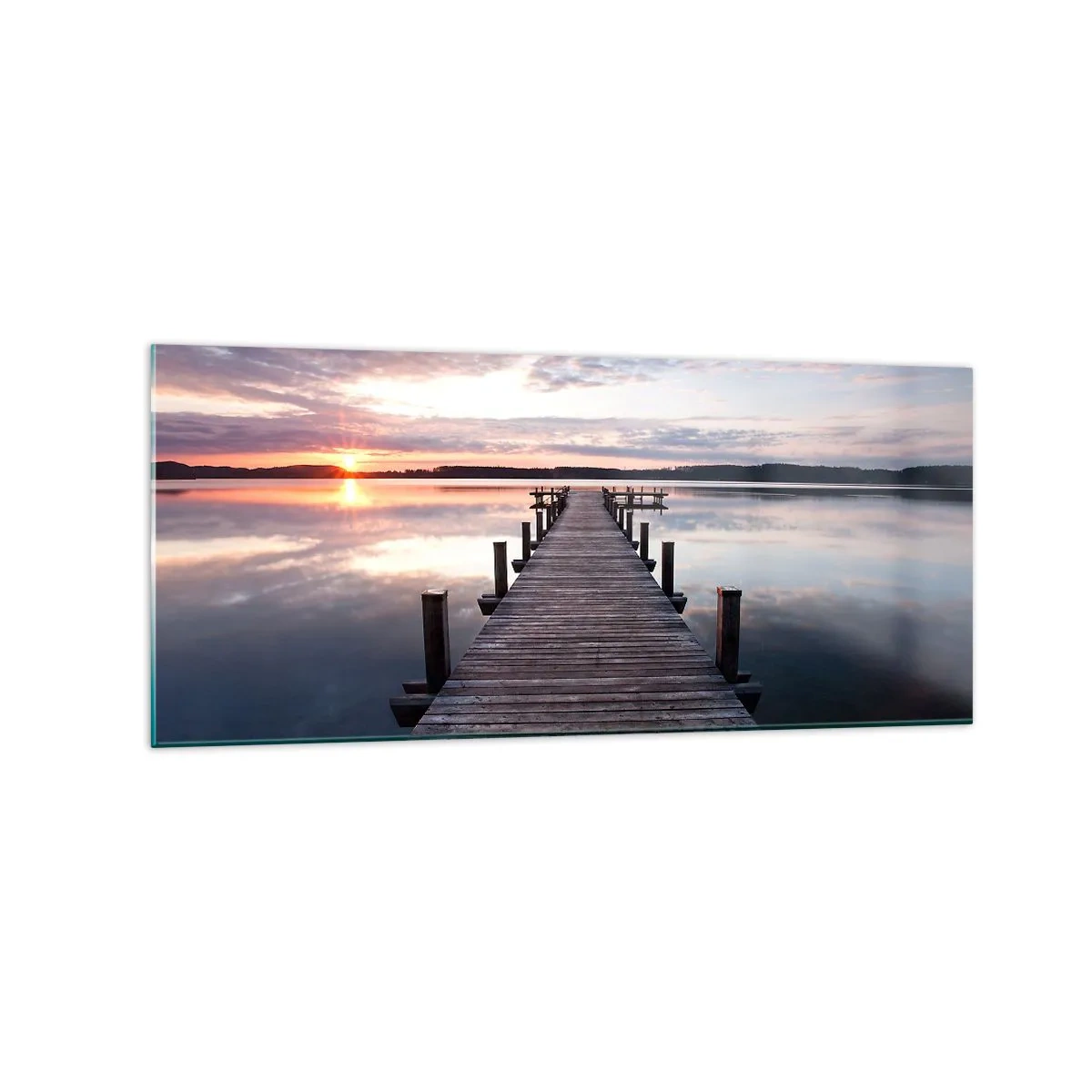 Cuadro sobre vidrio - Impresiones sobre Vidrio - Un muelle en un lago al atardecer en un paisaje tranquilo. - 120x50cm - Frontera silenciosa del día y la noche - Decoración de pared moderna para salón y dormitorio ARTTOR