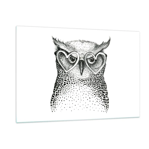 Cuadro sobre vidrio - Impresiones sobre Vidrio - Ilustración de un búho con gafas en forma de corazón - 120x80cm - Con sabiduría y amor - Decoración de pared moderna para salón y dormitorio ARTTOR