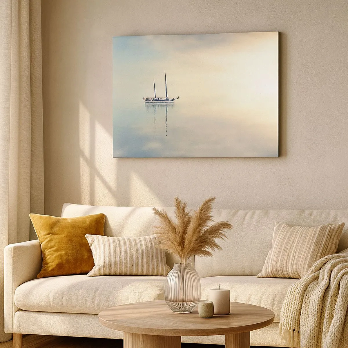 Cuadro sobre lienzo - Impresión de Imagen - Un barco en un mar en calma bajo una luz suave. - 70x50cm - En un mar de silencio - Decoración de pared moderna para salón y dormitorio ARTTOR