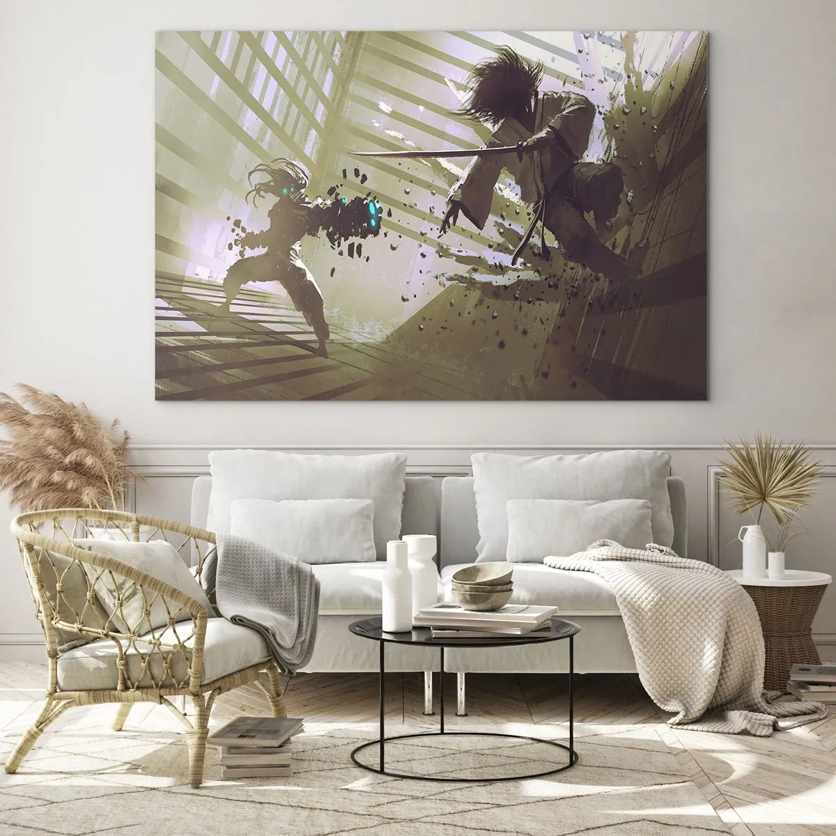 Cuadro sobre vidrio - Impresiones sobre Vidrio - Duelo de samuráis en una escena dinámica - 120x80cm - Y puedes ser un samurai - Decoración de pared moderna para salón y dormitorio ARTTOR