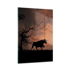 Cuadro sobre vidrio - Impresiones sobre Vidrio - Siluetas de toros contra un cielo naranja al atardecer - 50x70cm - Espectáculo dramático de la naturaleza - Decoración de pared moderna para salón y dormitorio ARTTOR