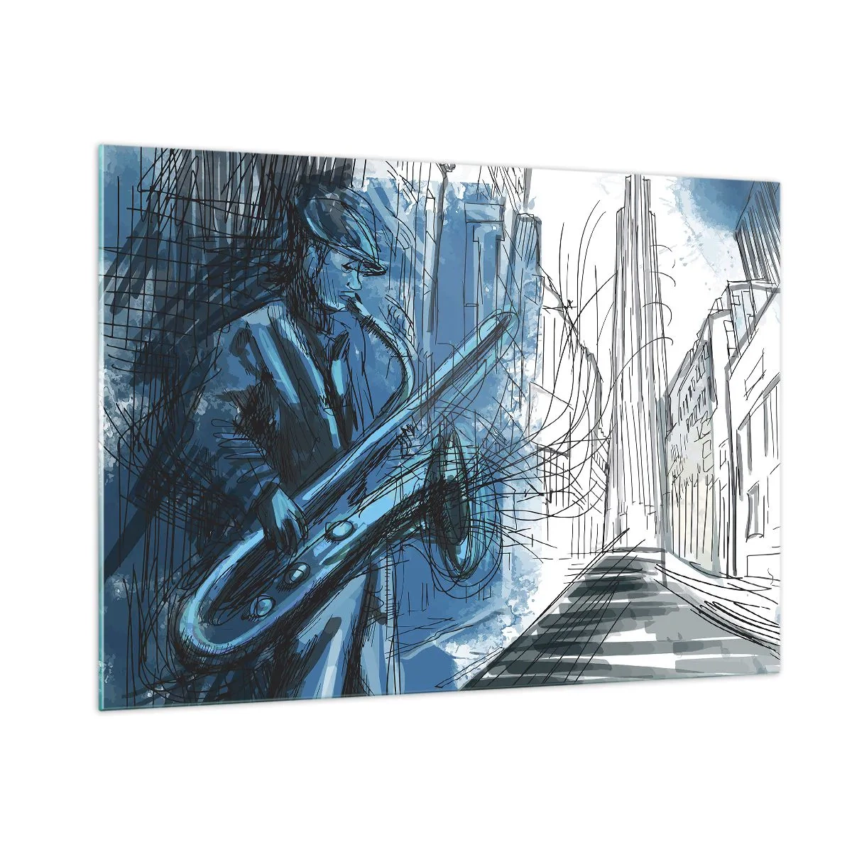 Cuadro sobre vidrio - Impresiones sobre Vidrio - Saxofonista de jazz en un entorno urbano de tonos azules - 100x70cm - Rapsodia urbana - Decoración de pared moderna para salón y dormitorio ARTTOR