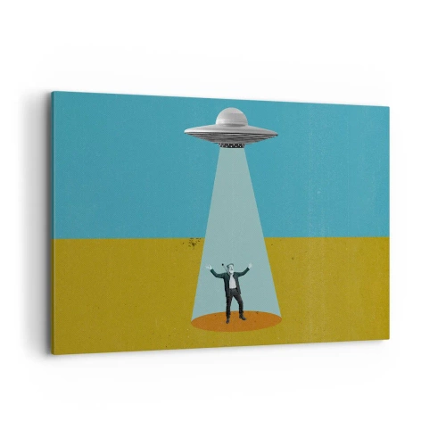 Cuadro sobre lienzo - Impresión de Imagen - Un hombre a la luz de un OVNI sobre el fondo de un paisaje colorido. - 120x80cm - Un encuentro cercano - Decoración de pared moderna para salón y dormitorio ARTTOR