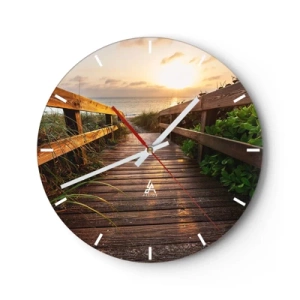 Reloj de pared - Reloj de vidrio - Muelle de madera que conduce a la playa al atardecer - 30x30cm - Y directamente a la orilla - Decoración de pared moderna para salón, cocina y dormitorio ARTTOR