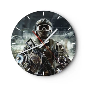 Reloj de pared - Reloj de vidrio - La figura de un soldado con equipo moderno en el contexto de gráficos tecnológicos. - 30x30cm - De poder a poder - Decoración de pared moderna para salón, cocina y dormitorio ARTTOR