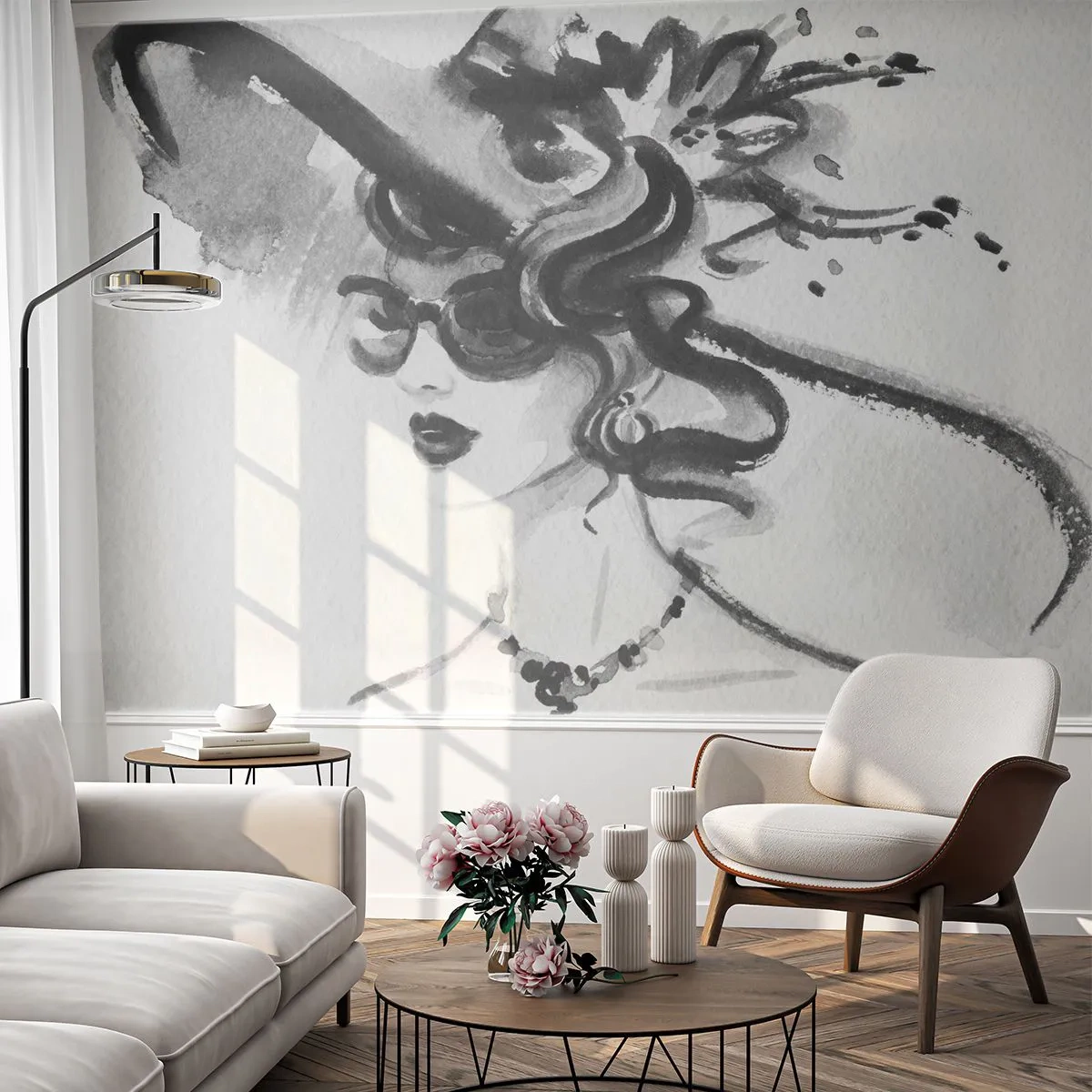 Fotomural Premium Canvas - Una dama con carácter - mujer con sombrero, cara de mujer, En blanco y negro - 300x210 cm