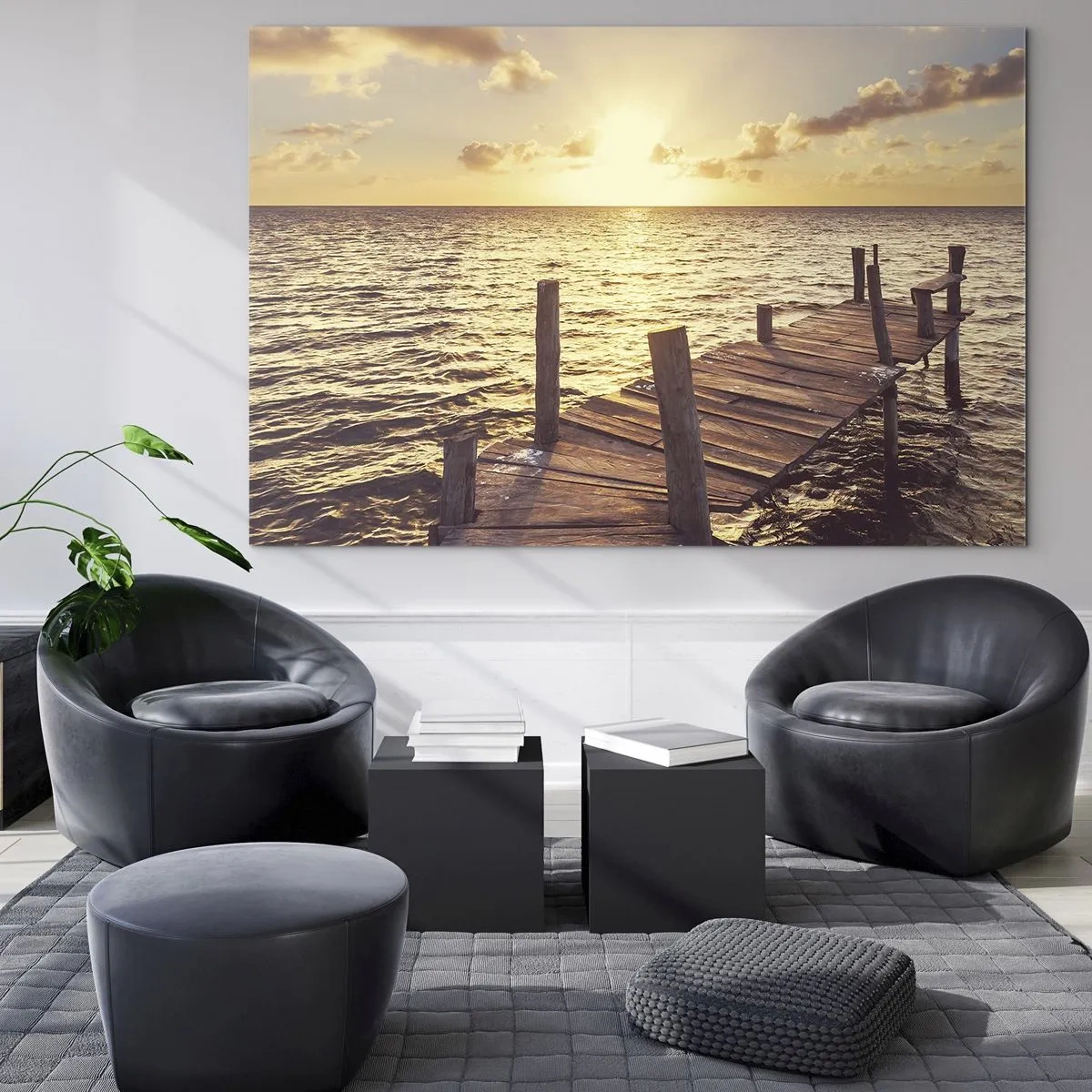 Cuadro sobre vidrio - Impresiones sobre Vidrio - Un embarcadero de madera con el sol poniente como telón de fondo - 70x50cm - Una tierra dorada de dulzura - Decoración de pared moderna para salón y dormitorio ARTTOR