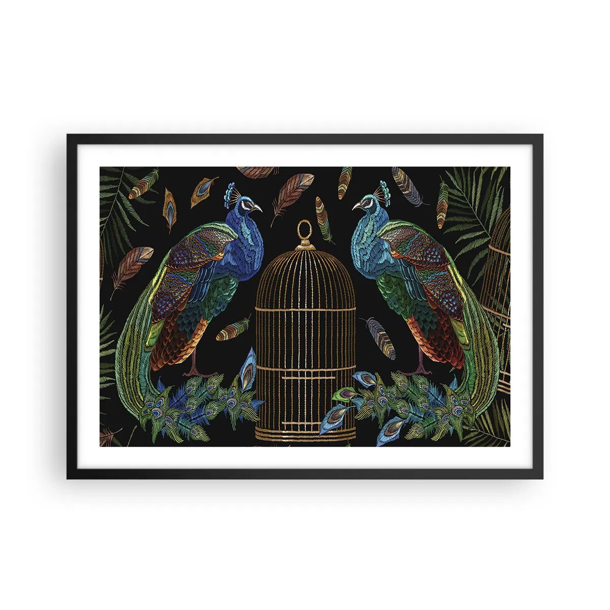 Póster en marco negro - Pavos reales junto a una jaula dorada sobre un fondo negro - 70x50cm - Con plumajes reales - Decoración de pared moderna para salón y dormitorio ARTTOR