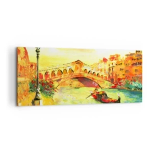 Cuadro sobre lienzo - Impresión de Imagen - Un pintoresco puente sobre el canal con una góndola a la luz del sol poniente. - 120x50cm - Peregrinación de los amantes - Decoración de pared moderna para salón y dormitorio ARTTOR