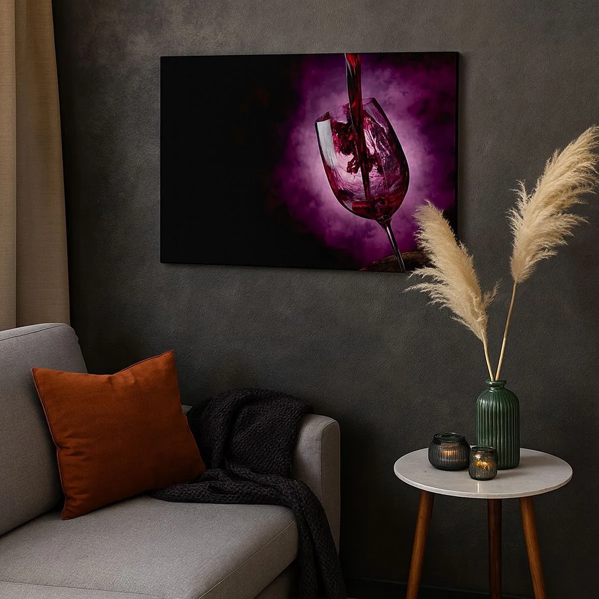 Cuadro sobre lienzo - Impresión de Imagen - Vino tinto vertido en una copa sobre un fondo de humo púrpura. - 70x50cm - ¿Escarlata? ¿Carmín? No, rubí. - Decoración de pared moderna para salón y dormitorio ARTTOR