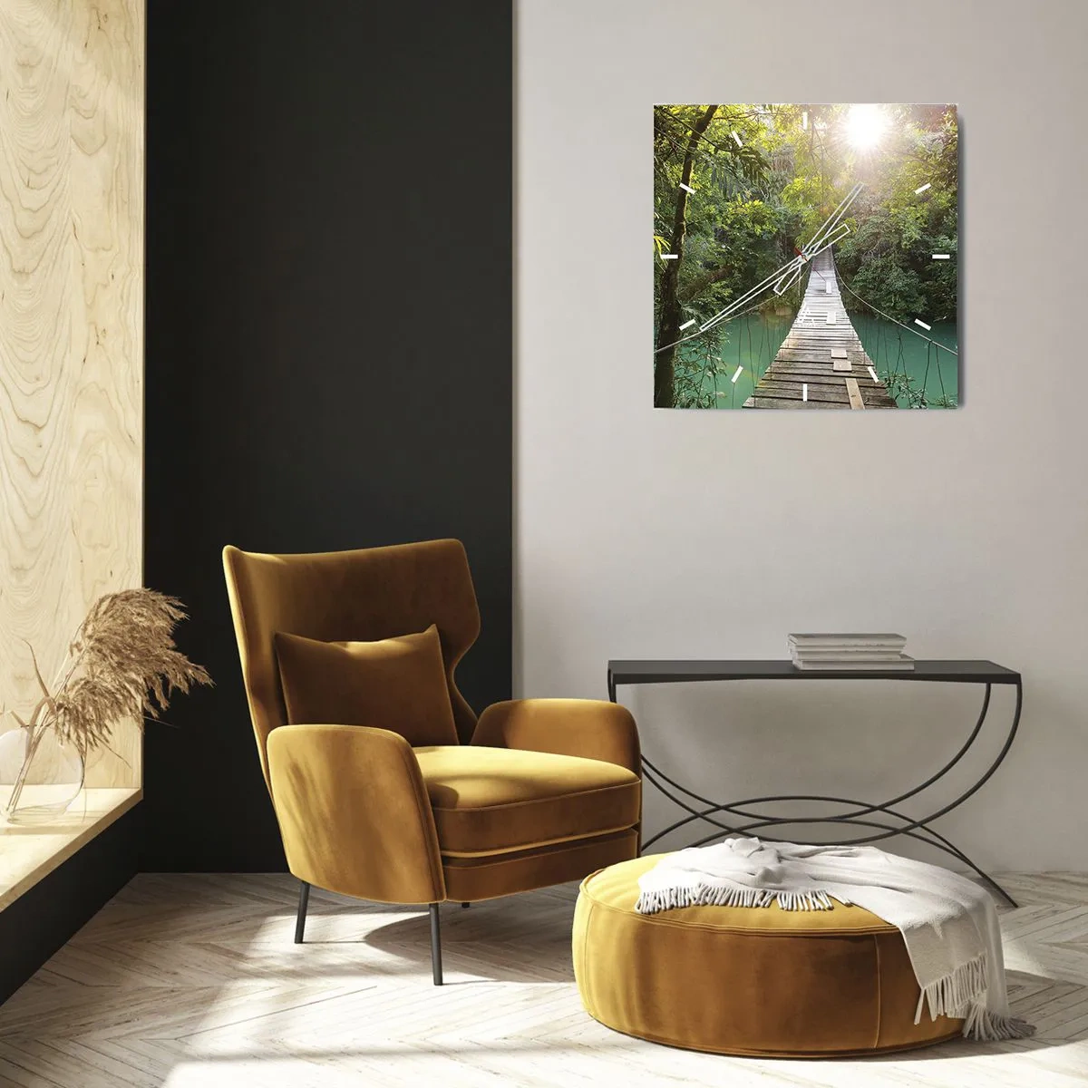 Reloj de pared - Reloj de vidrio - Sobre el agua azul hacia el bosque - 40x40 cm