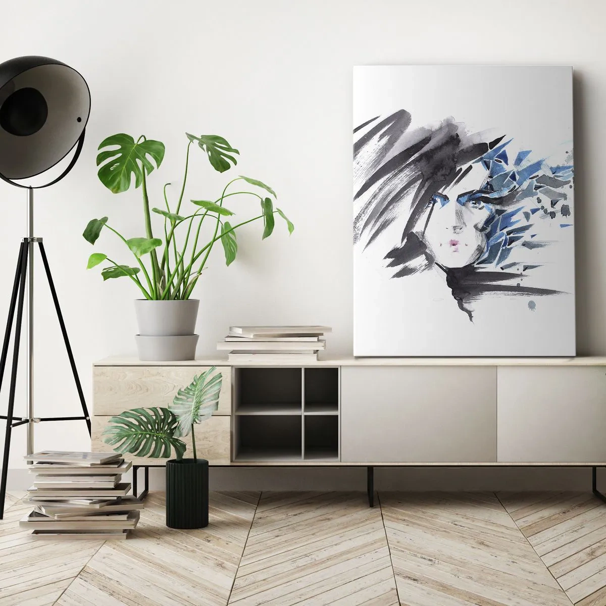 Cuadro sobre lienzo - Impresión de Imagen - Pintura facial artística de acuarela con acentos azules. - 50x70cm - Un sensual retrato en gris y azul - Decoración de pared moderna para salón y dormitorio ARTTOR