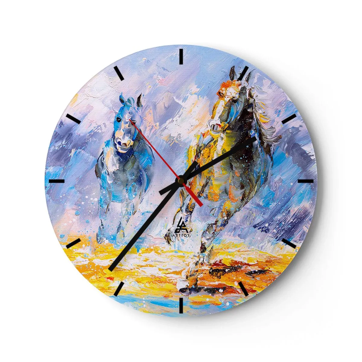 Reloj de pared - Reloj de vidrio - Dos caballos en una carrera dinámica contra un fondo colorido. - 30x30cm - Galopando a través del resplandor - Decoración de pared moderna para salón, cocina y dormitorio ARTTOR
