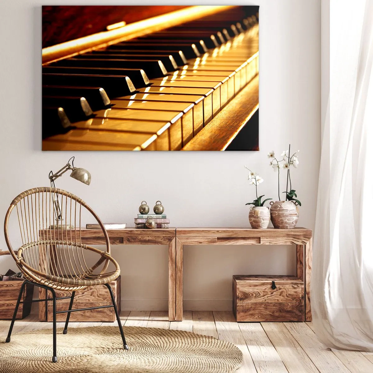 Cuadro sobre lienzo - Impresión de Imagen - Teclado de piano con iluminación dorada - 120x80cm - Posibilidades ilimitadas - Decoración de pared moderna para salón y dormitorio ARTTOR