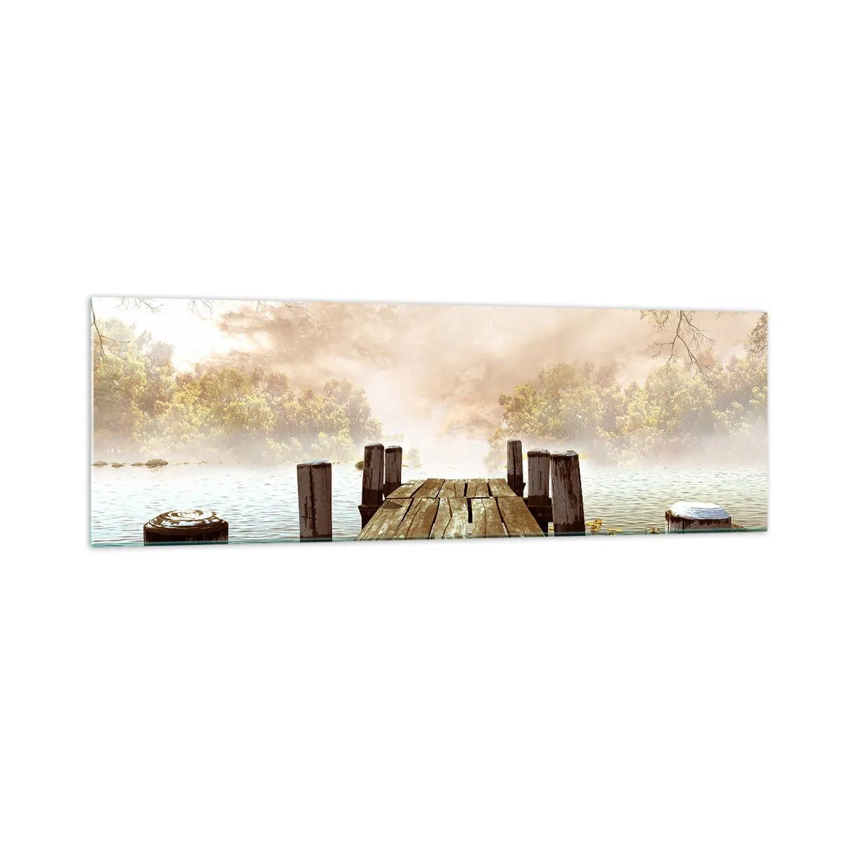 Cuadro sobre vidrio - Impresiones sobre Vidrio - Un muelle de madera que conduce a un lago tranquilo en la niebla de la mañana. - 160x50cm - La leve tristeza del otoño - Decoración de pared moderna para salón y dormitorio ARTTOR