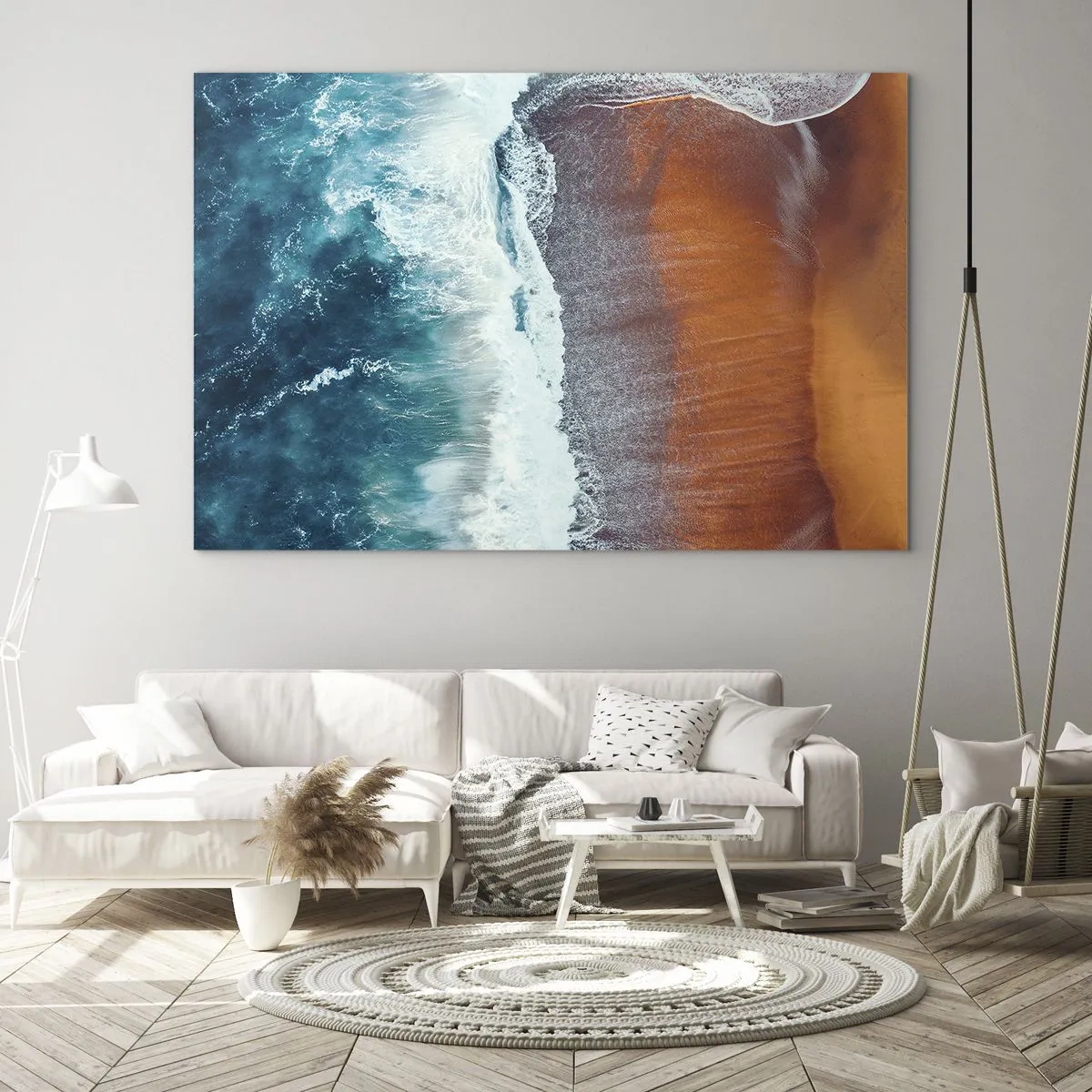 Cuadro sobre vidrio - Impresiones sobre Vidrio - Vista aérea de la superficie del océano y la orilla de la playa. - 70x50cm - Un toque de océano - Decoración de pared moderna para salón y dormitorio ARTTOR