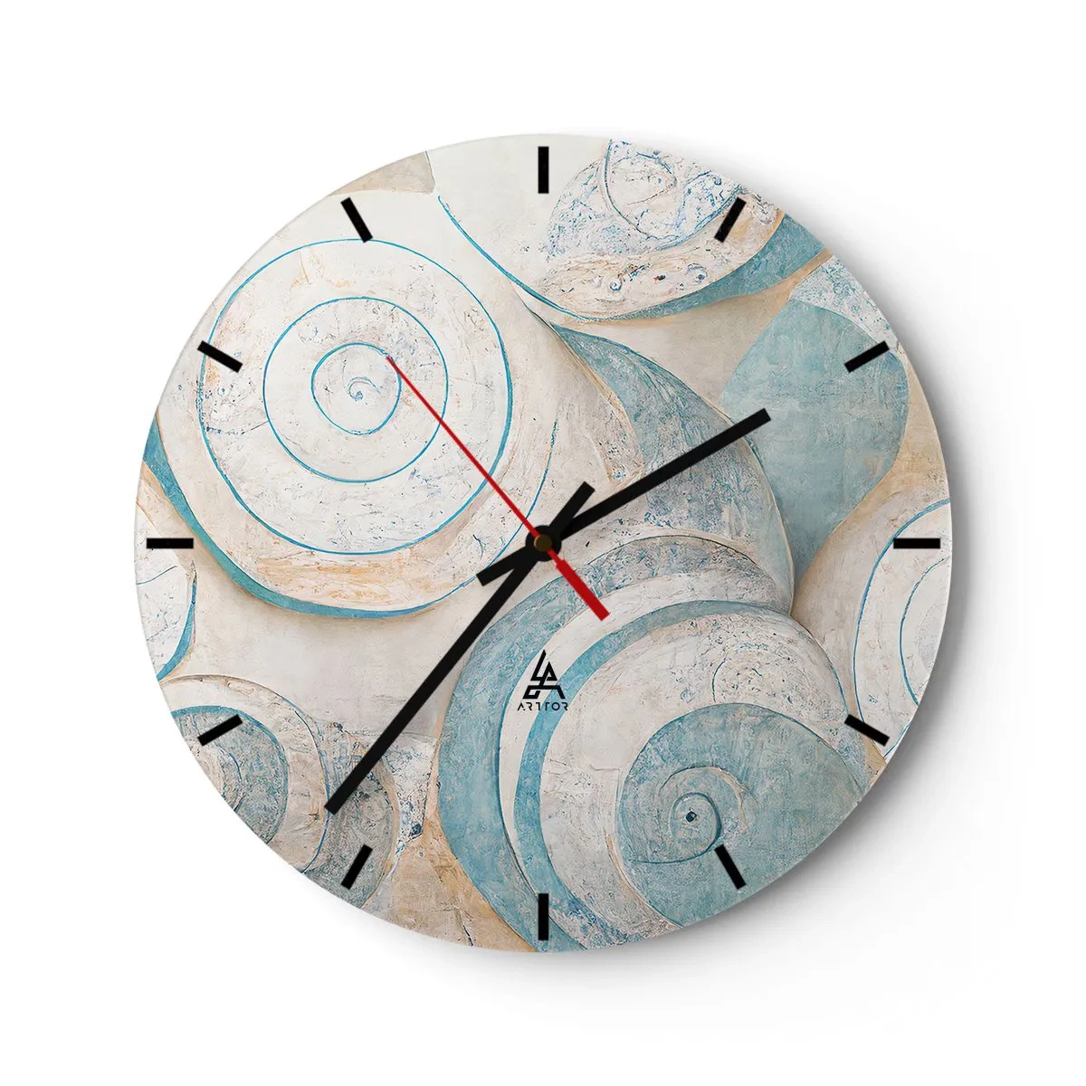 Reloj de pared - Reloj de vidrio - Espirales artísticas estilo concha marina en tonos azul y beige. - 30x30cm - ¿Qué esconden en su interior? - Decoración de pared moderna para salón, cocina y dormitorio ARTTOR