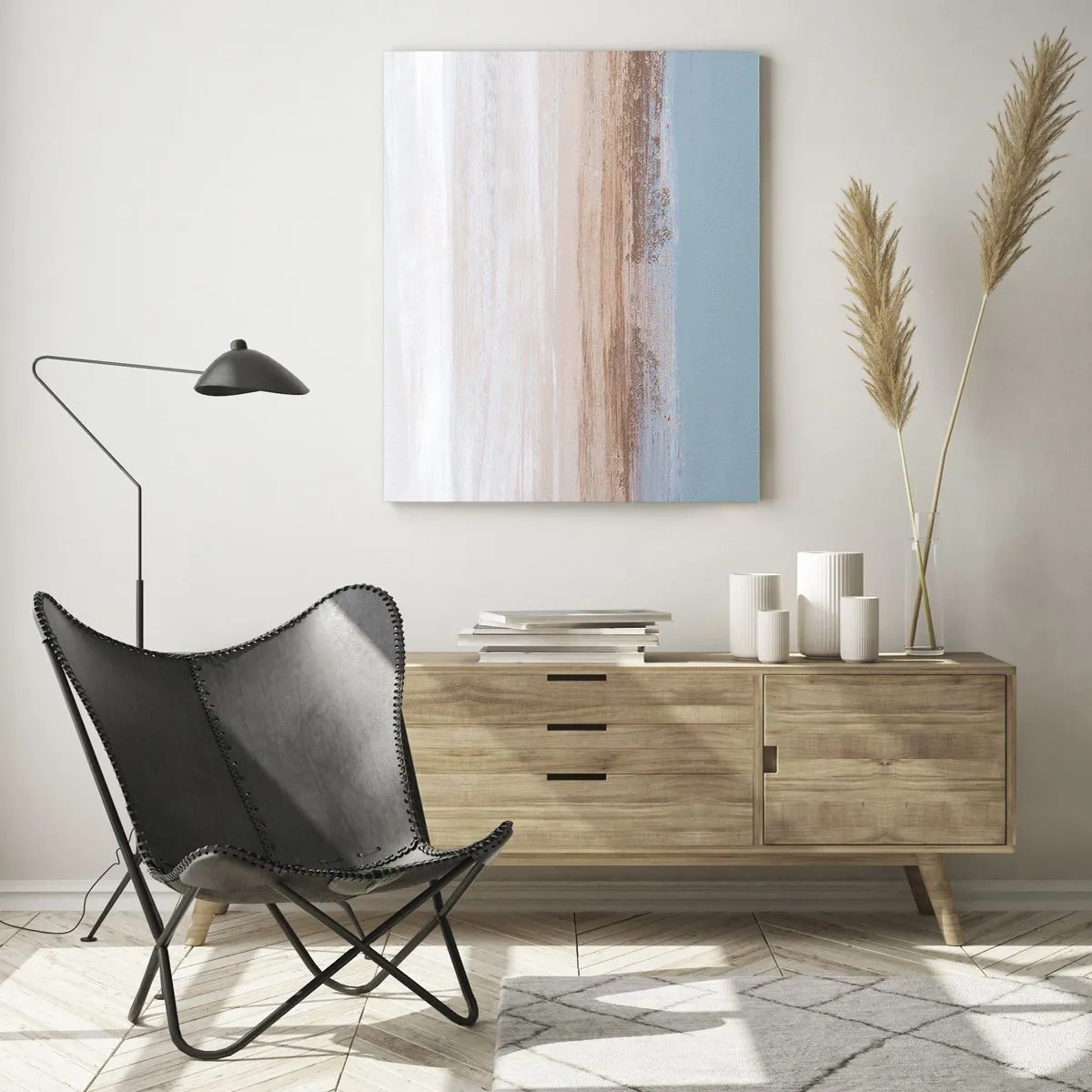 Cuadro sobre vidrio - Impresiones sobre Vidrio - Un paisaje sutil en tonos pastel de azul y beige. - 80x120cm - Paisaje ambiguo - Decoración de pared moderna para salón y dormitorio ARTTOR