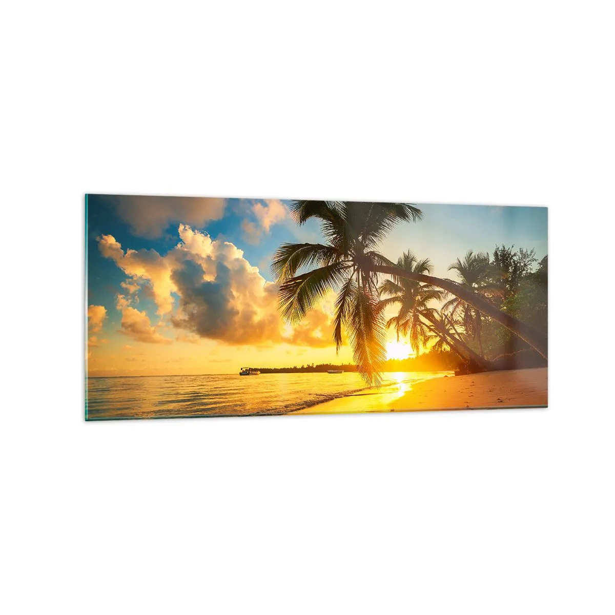 Cuadro sobre vidrio - Impresiones sobre Vidrio - Playa al atardecer con palmeras en la orilla del mar - 120x50cm - Un sueño caribeño - Decoración de pared moderna para salón y dormitorio ARTTOR