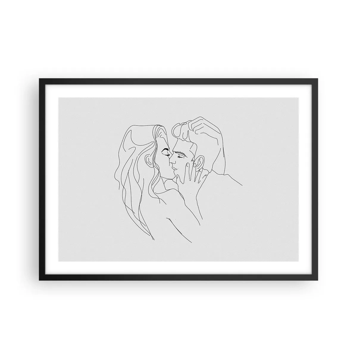 Póster en marco negro - El contorno de una pareja besándose sobre un fondo claro. - 70x50cm - Alineados - Decoración de pared moderna para salón y dormitorio ARTTOR