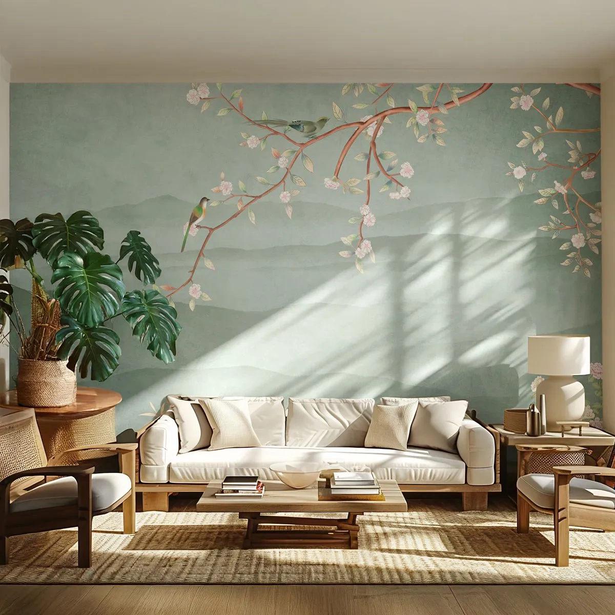 Fotomural Standard Eco - Primavera, ah, eres tú - Pastel, Aves, flores - 150x105 cm