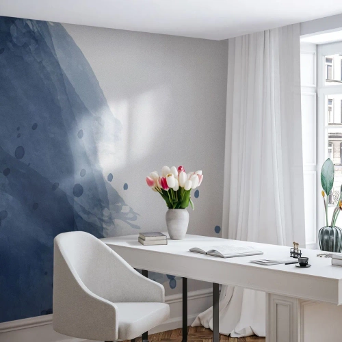 Fotomural Premium Sand - Delicada acuarela azul con manchas sobre fondo blanco. - 100x70cm - Tul azul - Decoración de pared moderna para salón y dormitorio ARTTOR