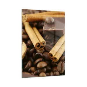 Cuadro sobre vidrio - Impresiones sobre Vidrio - Primer plano de café, canela, chocolate y nueces - 50x70cm - Concierto de aromas - Decoración de pared moderna para salón y dormitorio ARTTOR