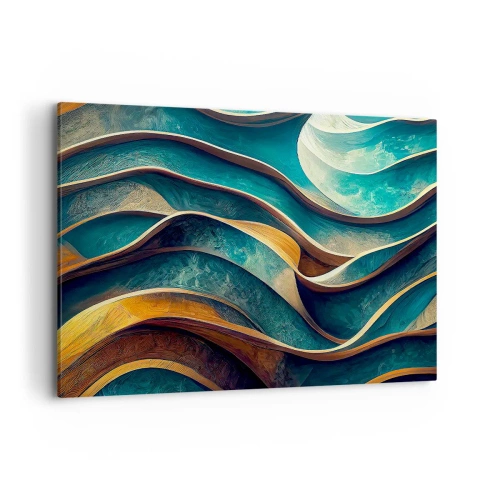 Cuadro sobre lienzo - Impresión de Imagen - Ondas abstractas en tonos turquesa y dorado - 100x70cm - Meandros de azul - Decoración de pared moderna para salón y dormitorio ARTTOR