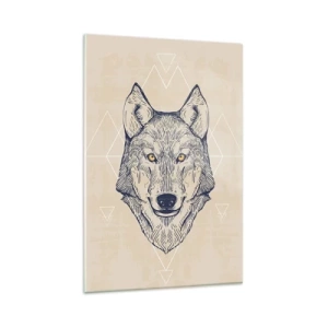 Cuadro sobre vidrio - Impresiones sobre Vidrio - Un lobo geométrico sobre un fondo claro con patrones minimalistas. - 80x120cm - La mirada del lobo alfa - Decoración de pared moderna para salón y dormitorio ARTTOR