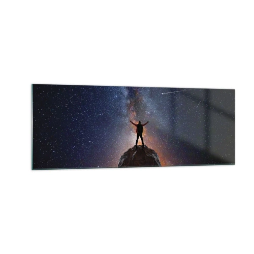 Cuadro sobre vidrio - Impresiones sobre Vidrio - Una figura en la cima de una montaña bajo un cielo estrellado. - 140x50cm - ¡El poder está conmigo! - Decoración de pared moderna para salón y dormitorio ARTTOR