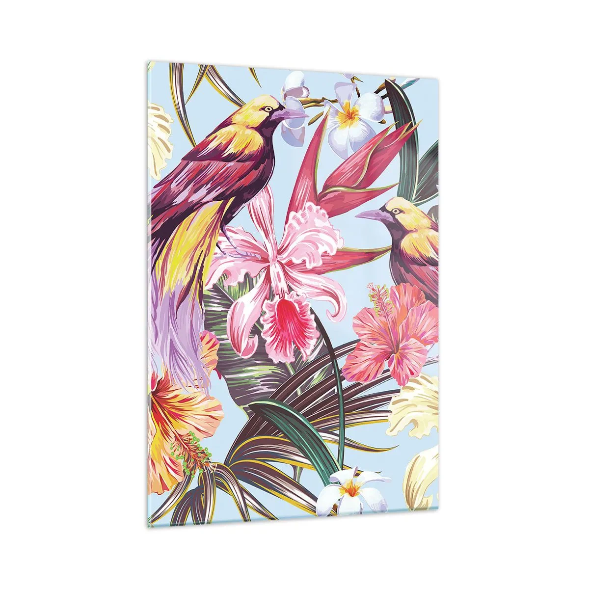 Cuadro sobre vidrio - Impresiones sobre Vidrio - Aves y flores exóticas sobre un fondo claro. - 50x70cm - Pétalos y plumas - Decoración de pared moderna para salón y dormitorio ARTTOR