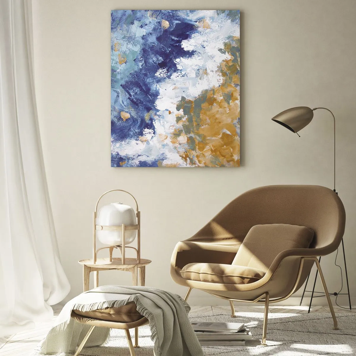 Cuadro sobre vidrio - Impresiones sobre Vidrio - Trazos de pintura abstracta en azul, blanco y dorado. - 50x70cm - Danza de los elementos - Decoración de pared moderna para salón y dormitorio ARTTOR