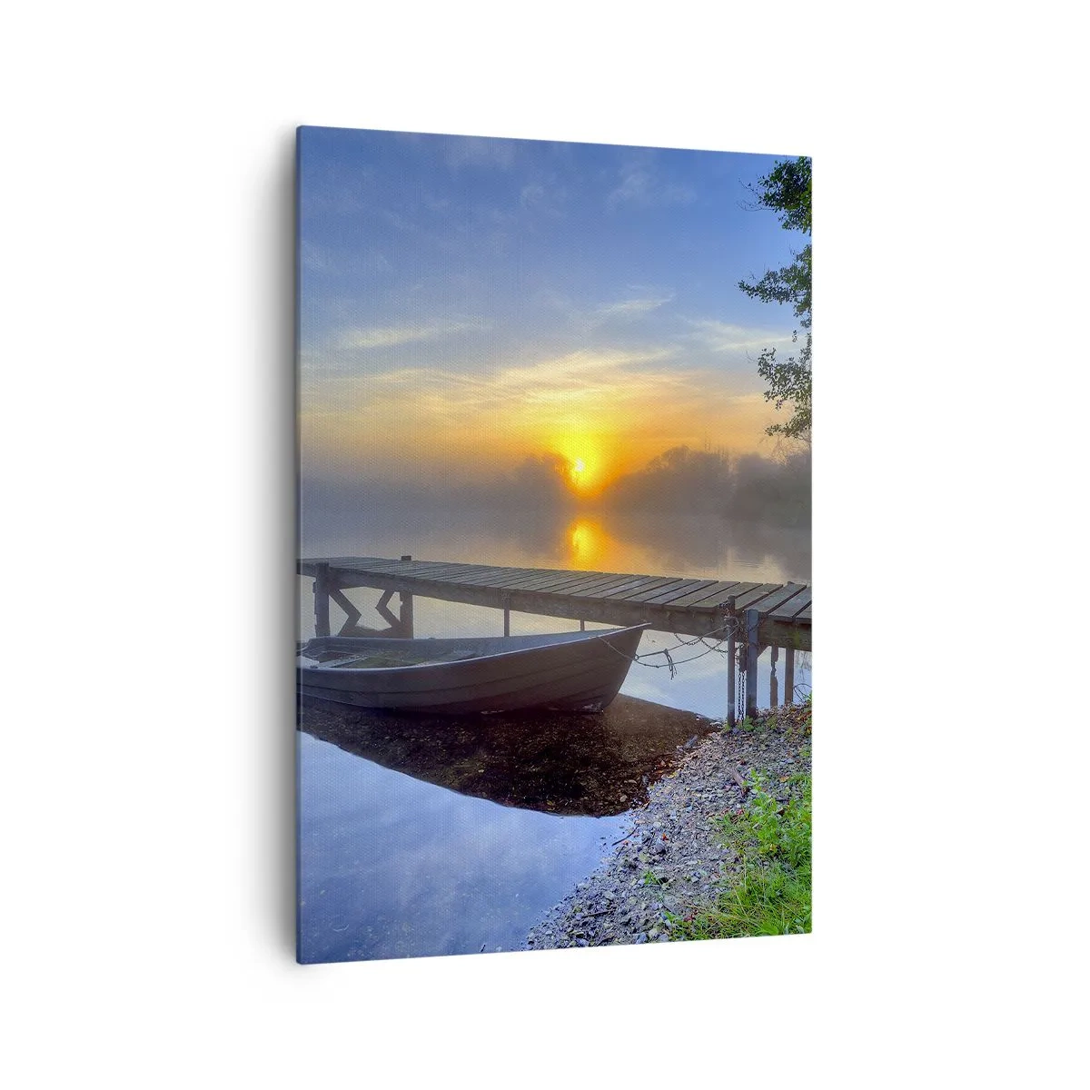 Cuadro sobre lienzo - Impresión de Imagen - Un embarcadero junto al lago al amanecer con un barco en la orilla. - 70x100cm - Cómo lo ordinario se convierte en mágico - Decoración de pared moderna para salón y dormitorio ARTTOR