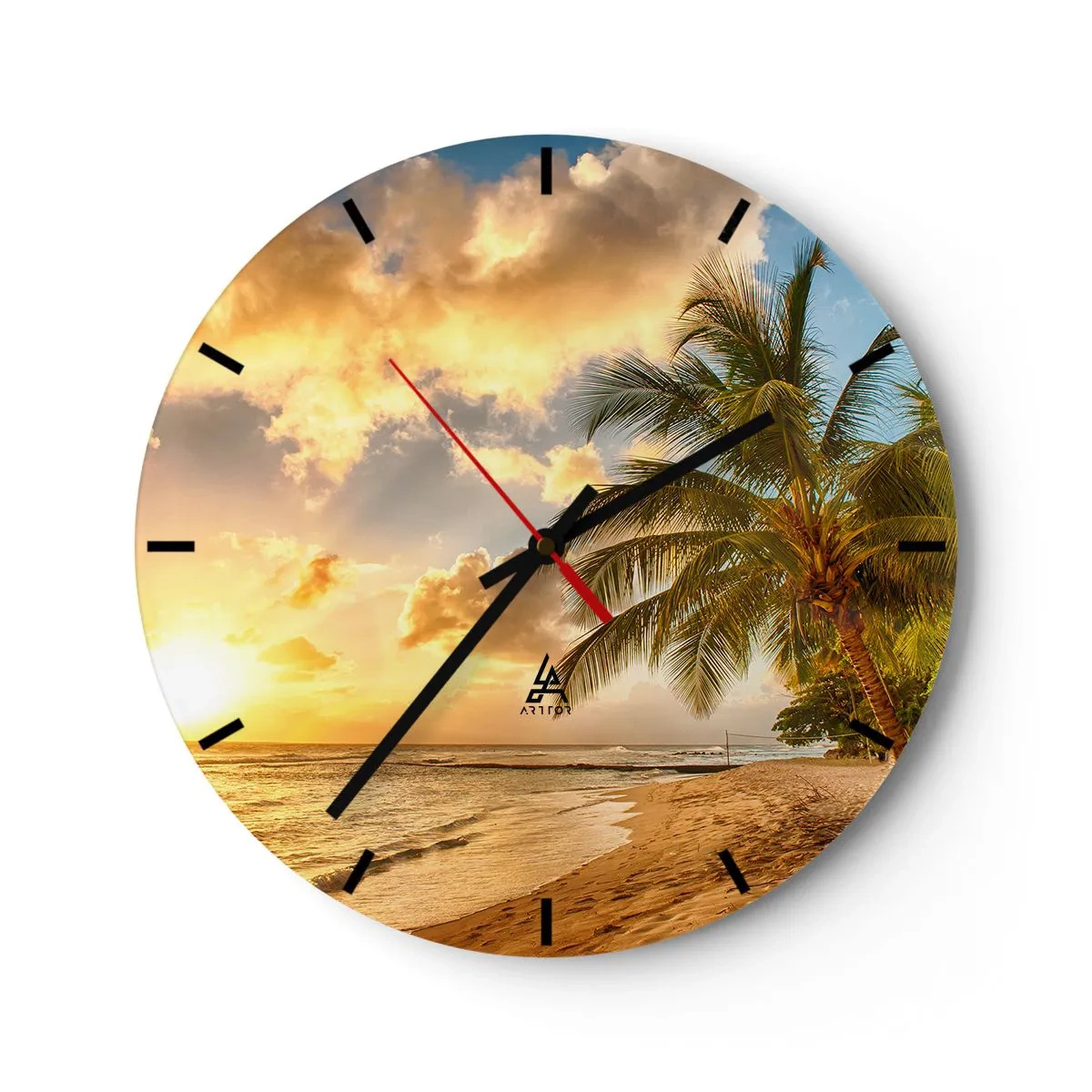 Reloj de pared - Reloj de vidrio - Una esfera de reloj con un motivo de playa tropical y palmeras al atardecer. - 30x30cm - El eterno verano, siempre de vacaciones - Decoración de pared moderna para salón, cocina y dormitorio ARTTOR