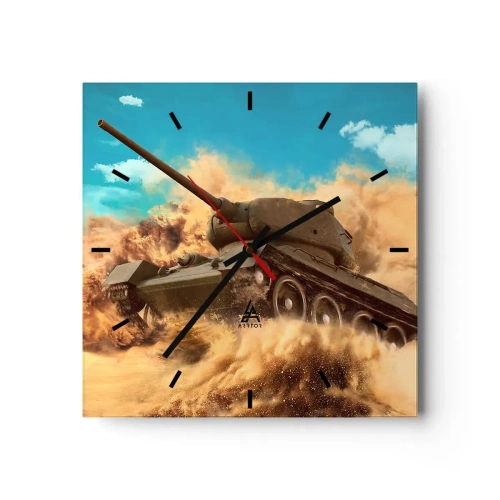 Reloj de pared - Reloj de vidrio - Un tanque en acción en el desierto, rodeado de polvo de arena. - 30x30cm - Inmejorable - Decoración de pared moderna para salón y dormitorio ARTTOR