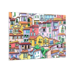 Cuadro sobre vidrio - Impresiones sobre Vidrio - Casas de vecindad coloridas en estilo de dibujos animados, llenas de detalles - 70x50cm - Ciudad alegre - Decoración de pared moderna para salón y dormitorio ARTTOR