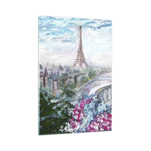 Cuadro sobre vidrio - Impresiones sobre Vidrio - Una vista romántica de París con la Torre Eiffel y un balcón lleno de flores. - 80x120cm - Mayo mágico en París - Decoración de pared moderna para salón y dormitorio ARTTOR