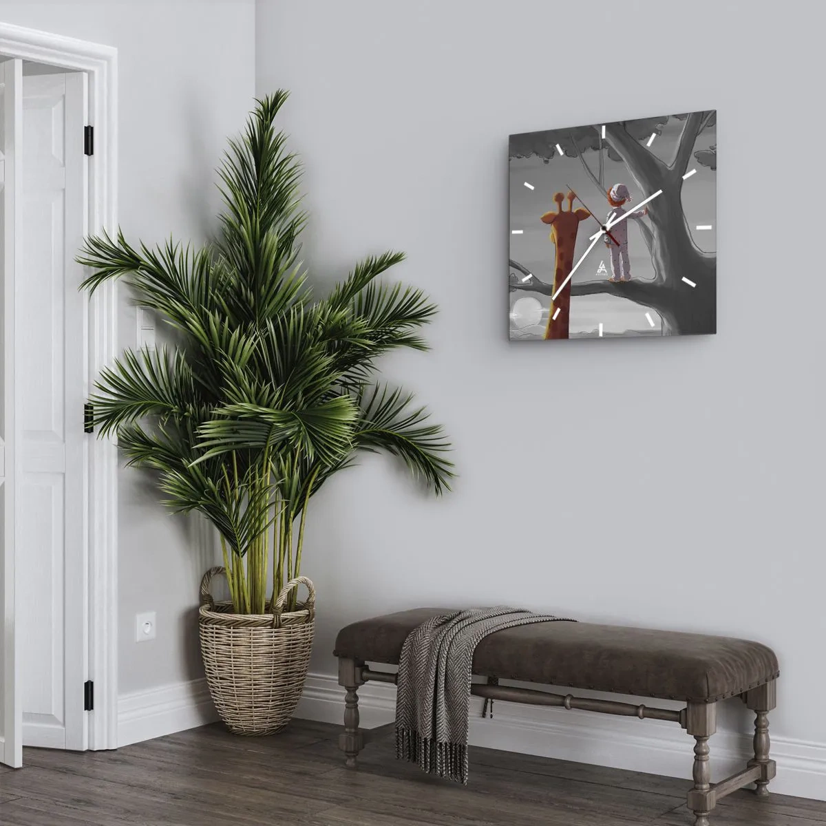 Reloj de pared - Reloj de vidrio - Un niño y una jirafa en la rama de un árbol en un paisaje de cuento de hadas. - 30x30cm - ¿Está sucediendo de verdad? - Decoración de pared moderna para salón y dormitorio ARTTOR