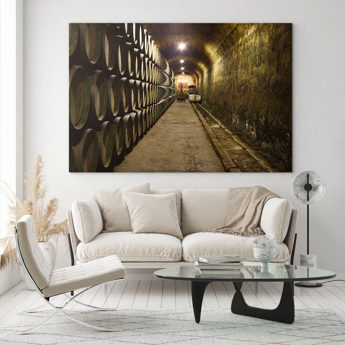 Cuadro sobre vidrio - Impresiones sobre Vidrio - Bodega con hileras de barricas - 100x70cm - El placer  - Decoración de pared moderna para salón y dormitorio ARTTOR