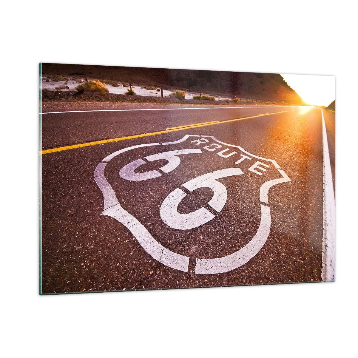 Cuadro sobre vidrio - Impresiones sobre Vidrio - Ruta 66 al atardecer - 120x80cm - La famosa Ruta 66 - Decoración de pared moderna para salón y dormitorio ARTTOR