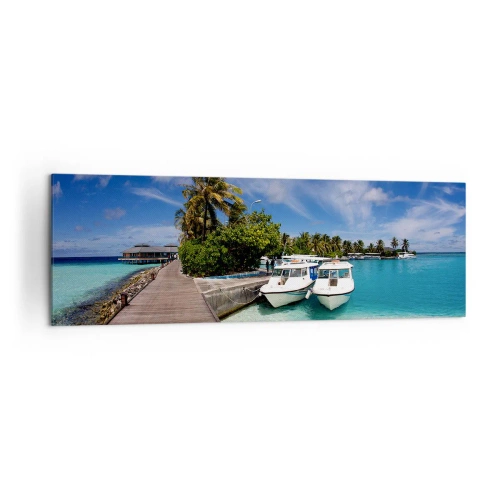 Cuadro sobre lienzo - Impresión de Imagen - Un embarcadero sobre un mar turquesa con barcos y palmeras. - 160x50cm - Y sin embargo el paraíso existe - Decoración de pared moderna para salón y dormitorio ARTTOR