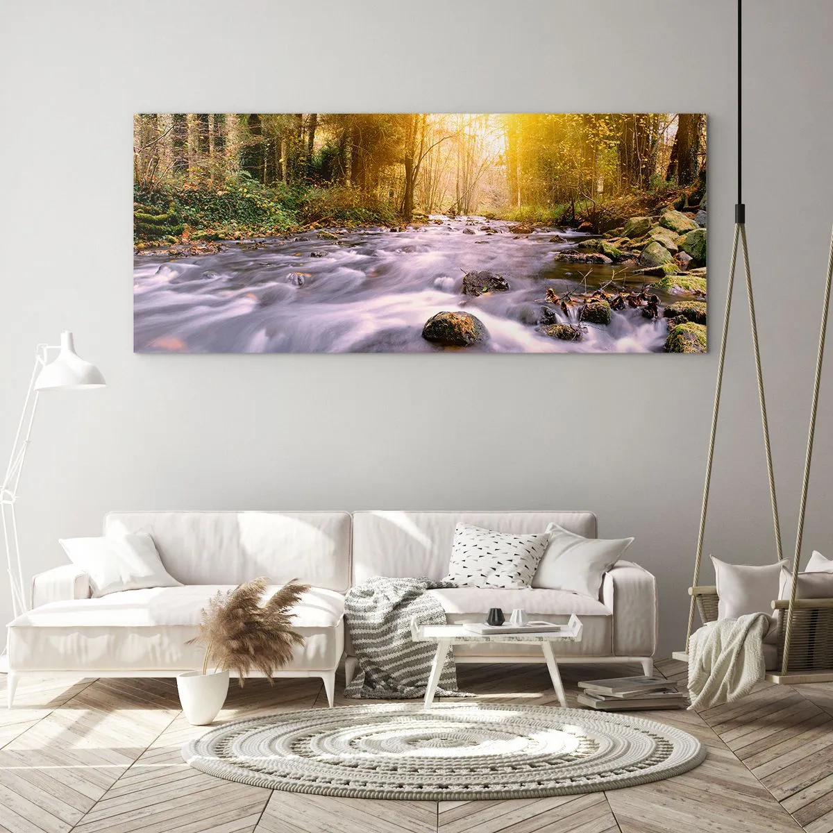 Cuadro sobre vidrio - Impresiones sobre Vidrio - Un arroyo forestal iluminado por los rayos del sol. - 140x50cm - Malaquita en un marco de plata y oro - Decoración de pared moderna para salón y dormitorio ARTTOR