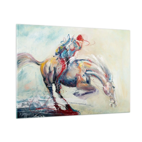 Cuadro sobre vidrio - Impresiones sobre Vidrio - Una imagen abstracta de un caballo en movimiento dinámico. - 100x70cm - Sujétate y vamos - Decoración de pared moderna para salón y dormitorio ARTTOR