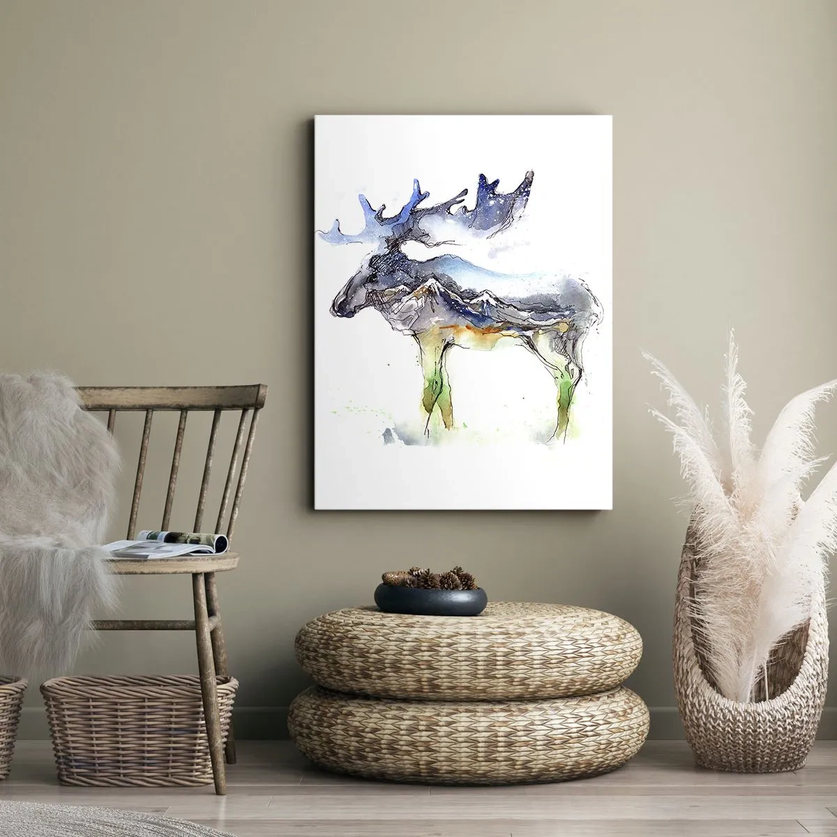 Cuadro sobre lienzo - Impresión de Imagen - Silueta de acuarela de un alce con un paisaje montañoso. - 50x70cm - El héroe de un cuento de invierno - Decoración de pared moderna para salón y dormitorio ARTTOR
